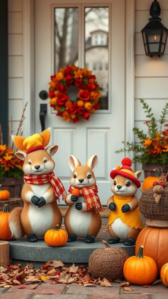 Three adorable animal figurines dressed in autumn attire on a porch, surrounded by pumpkins and fall decorations.
