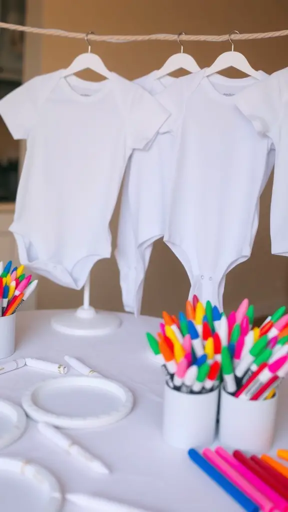 21 Creative Christmas Baby Shower Ideas You’ll Love 8 A baby onesie decorating station with white onesies hanging and colorful markers on a table.