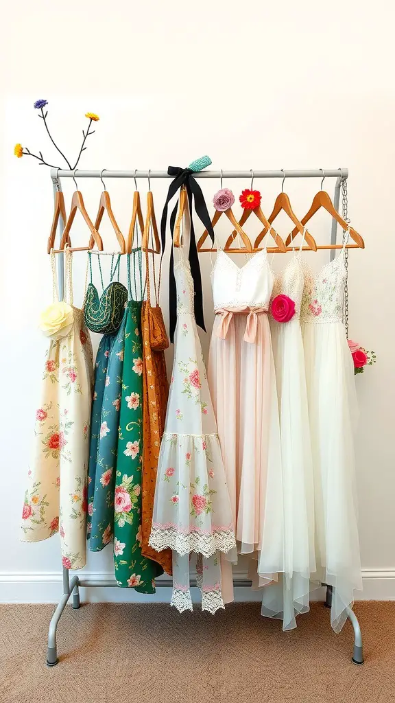 A variety of colorful dresses hanging on a rack, perfect for a fairy garden baby shower dress code.