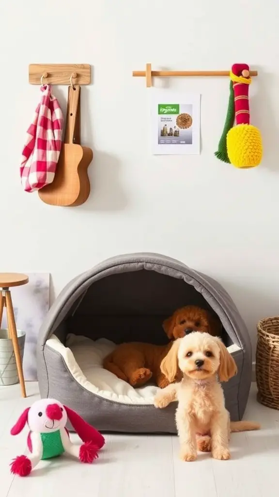 Cozy pet accessories including a bed, stuffed toy, and colorful hanging items