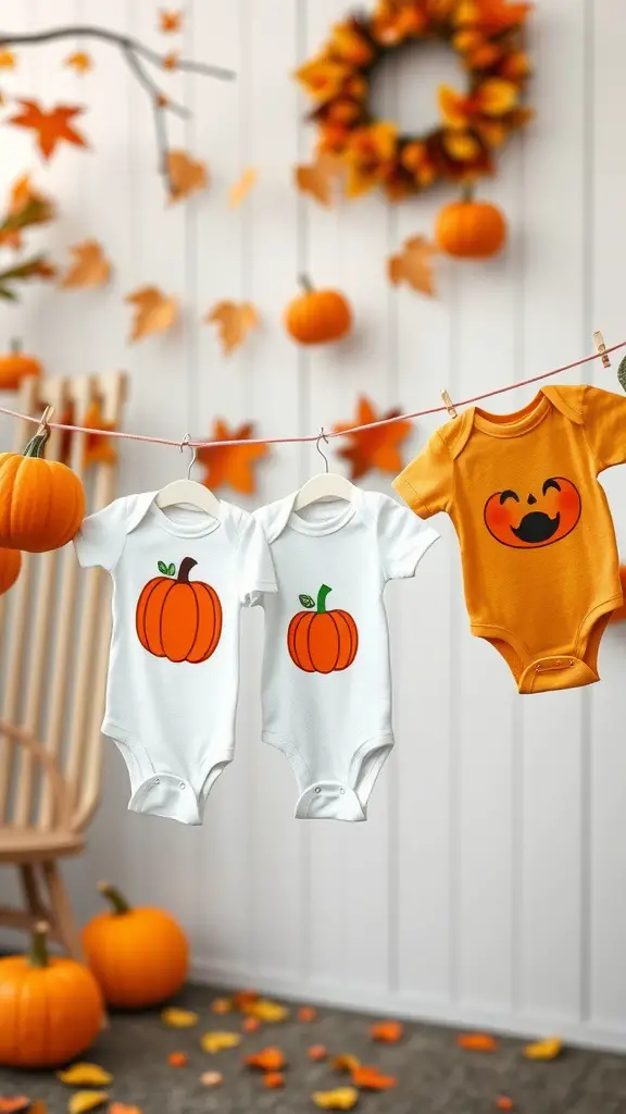 15 Adorable Ideas for a Pumpkin Baby Shower Theme 5 Three pumpkin-themed baby onesies hanging on a line, surrounded by autumn decorations