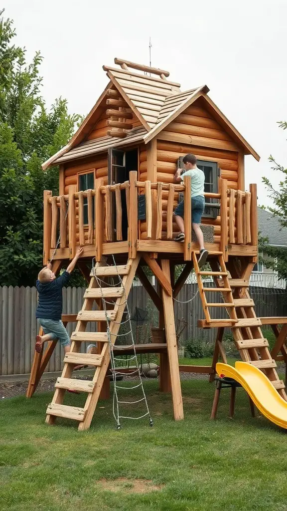 13 Creative Yard Ideas for Kids to Explore and Enjoy 9 Kids climbing a wooden fort in a backyard