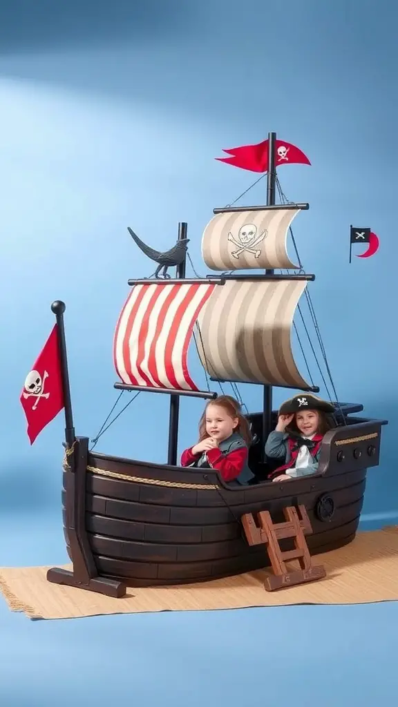 25 Adorable DIY Kids Playhouse Ideas for Endless Fun 6 A playhouse designed like a pirate ship with two children playing inside.