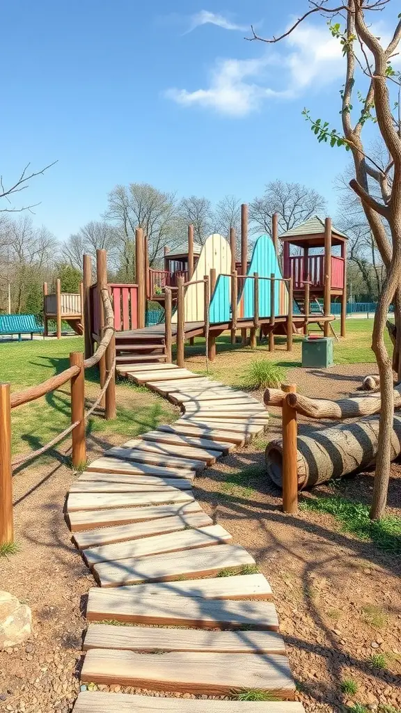23 Creative Playground Landscaping Ideas for Endless Fun 15 A winding wooden path leading to a colorful playground structure.