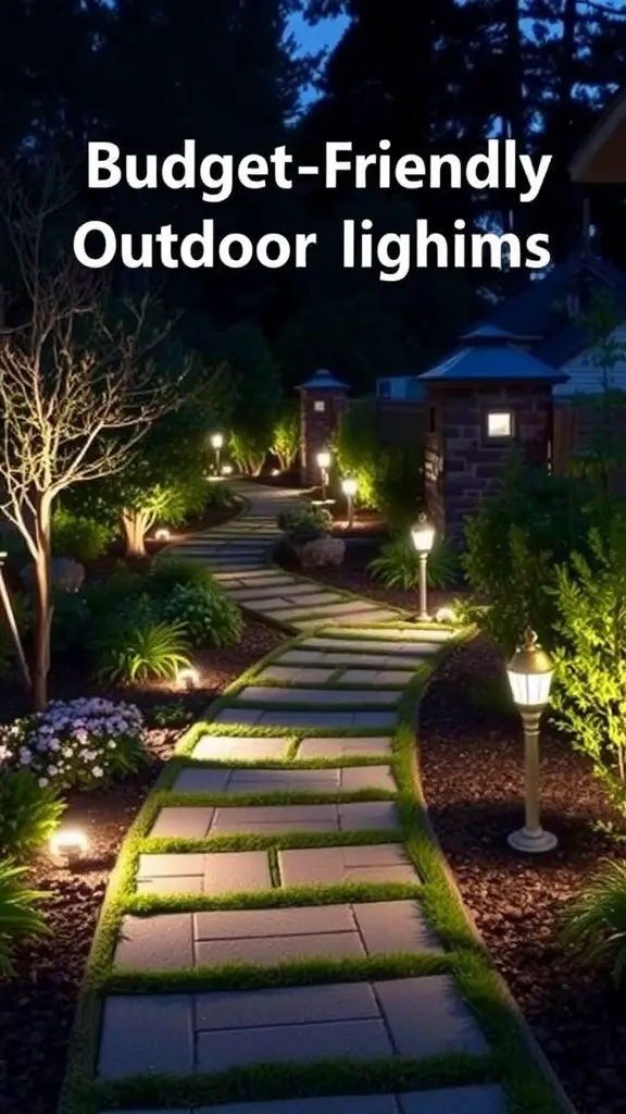 19 Stunning Backyard Oasis Ideas on a Budget 2 A beautifully lit garden pathway with budget-friendly outdoor lights along the sides.