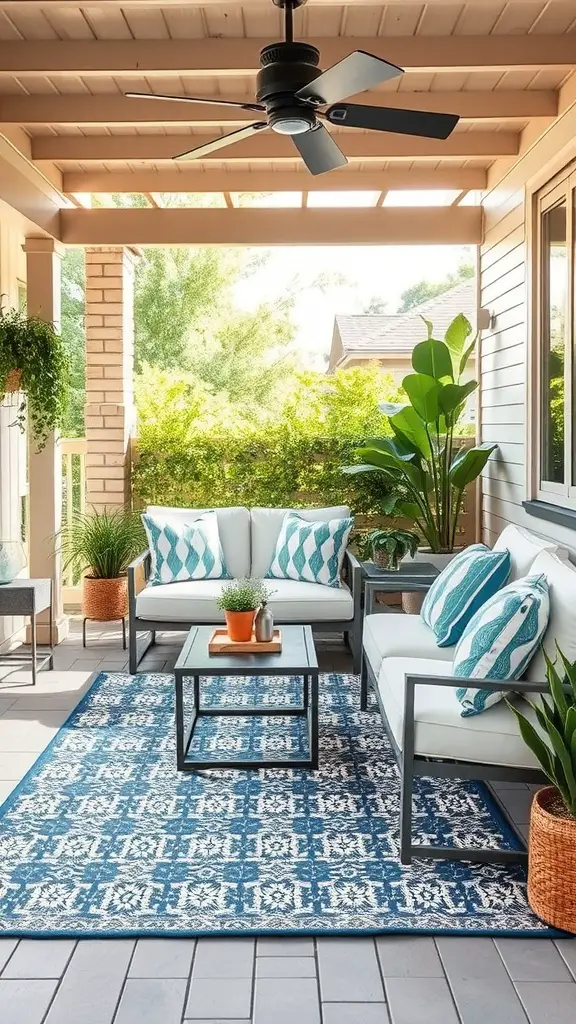 19 Stunning Backyard Oasis Ideas on a Budget 15 A cozy outdoor seating area featuring a blue and white patterned rug, comfortable seating, and plants.