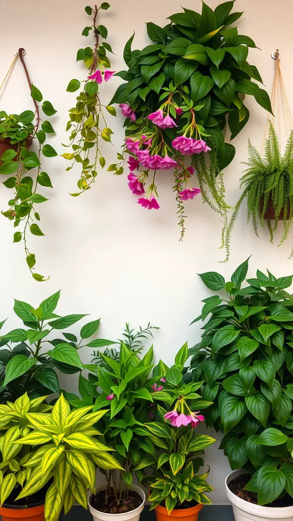 25 Stunning Floral Indoor Plant Wall Ideas for Your Home 16 A vibrant collection of air purifying indoor plants, including hanging varieties and potted plants.