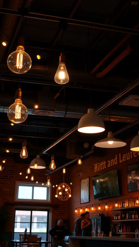 23 Stylish Garage Lounge Ideas You’ll Love 4 A stylish garage lounge featuring various light fixtures including Edison bulbs and pendant lights, creating a warm and inviting atmosphere.