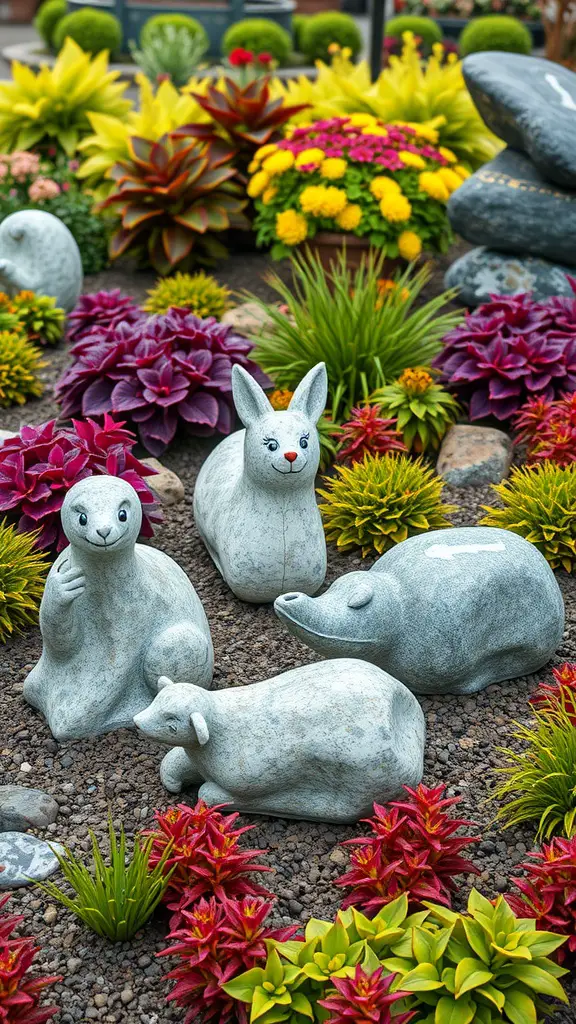 23 Creative Garden Rock Art Ideas to Brighten Your Outdoor Space 4 Decorative animal figurines made from rocks among colorful plants in a garden.