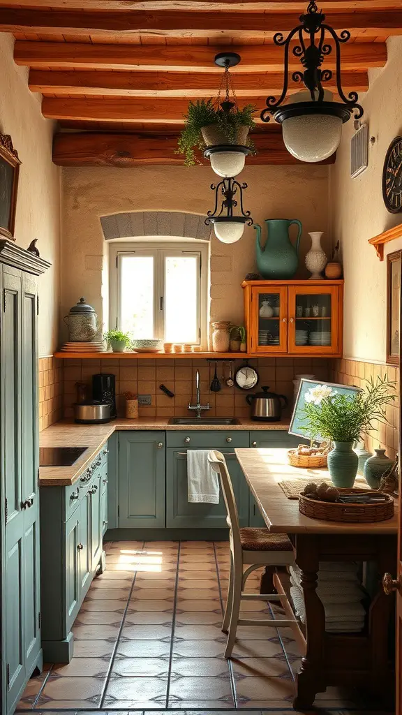 A charming Tuscan kitchen featuring antique-style furniture, wooden beams, and a cozy atmosphere.