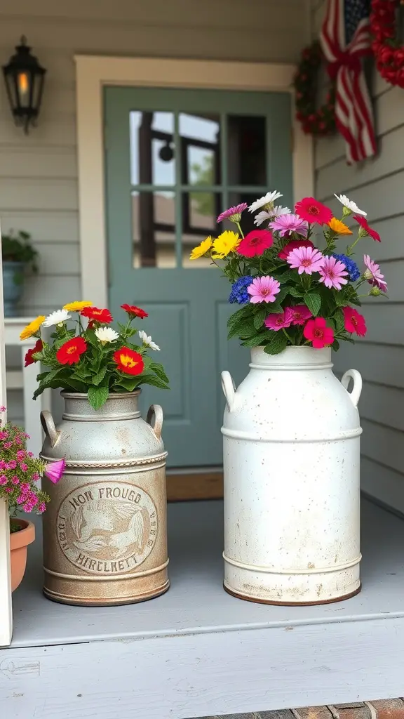 Two antique milk cans with colorful flowers on a porch