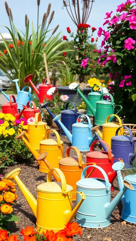 Colorful antique watering cans in a garden setting