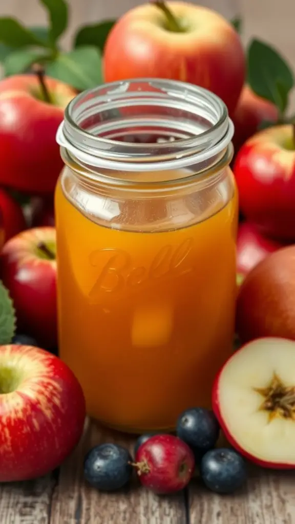 A jar of apple cider vinegar surrounded by fresh apples and some berries, illustrating a DIY fruit fly trap.