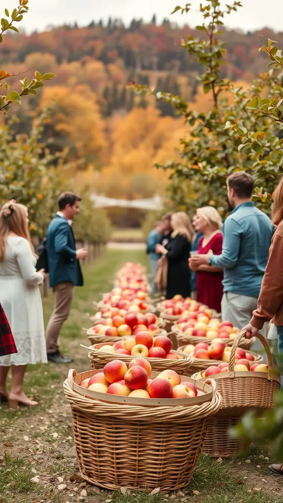 A lively group of people participating in an apple picking event, surrounded by baskets of apples and vibrant fall foliage.