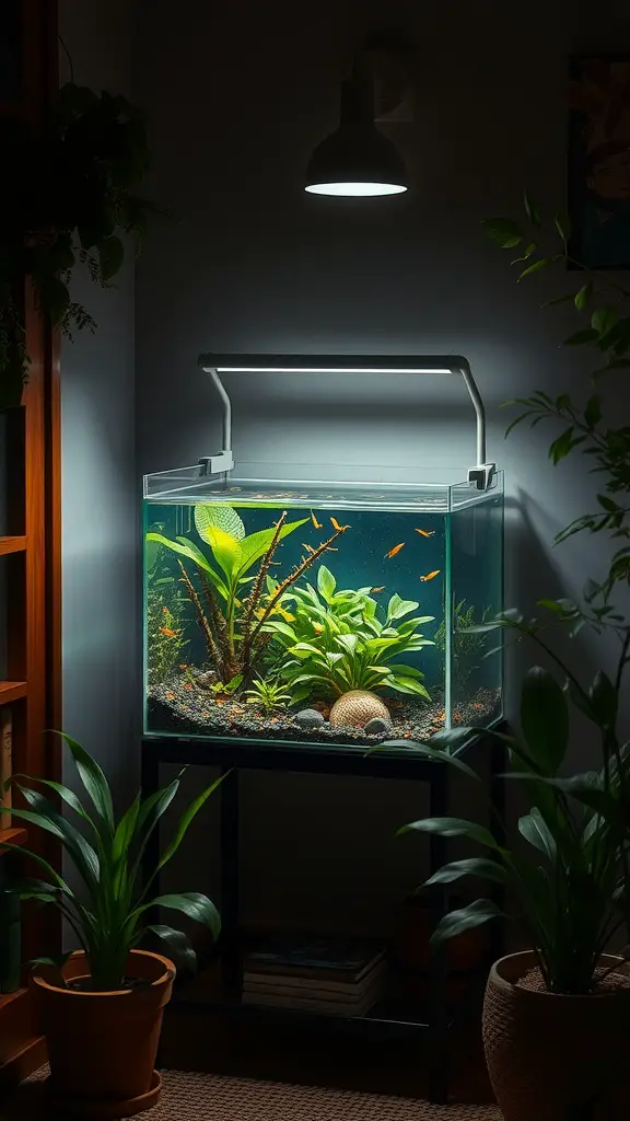 A stylish aquarium with aquatic plants and fish, illuminated by a lamp, surrounded by potted plants.