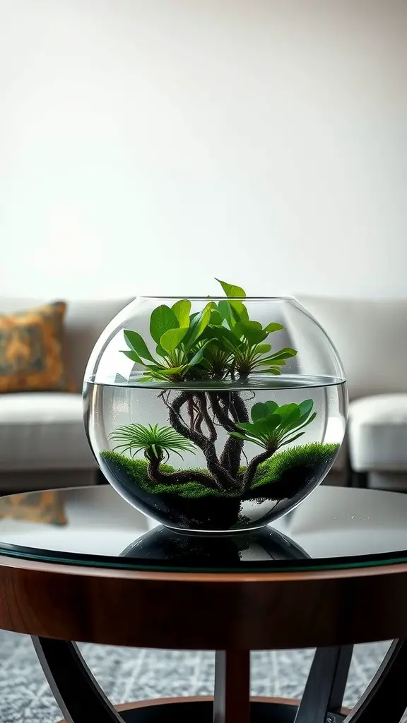 A decorative bowl with aquatic plants, showcasing vibrant green foliage in clear water on a table.