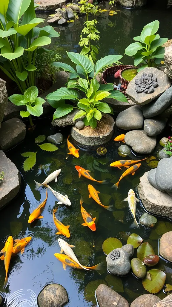 19 Stunning Koi Pond Ideas for Your Backyard Oasis 13 A vibrant koi pond with colorful fish, smooth stones, and lush plants.