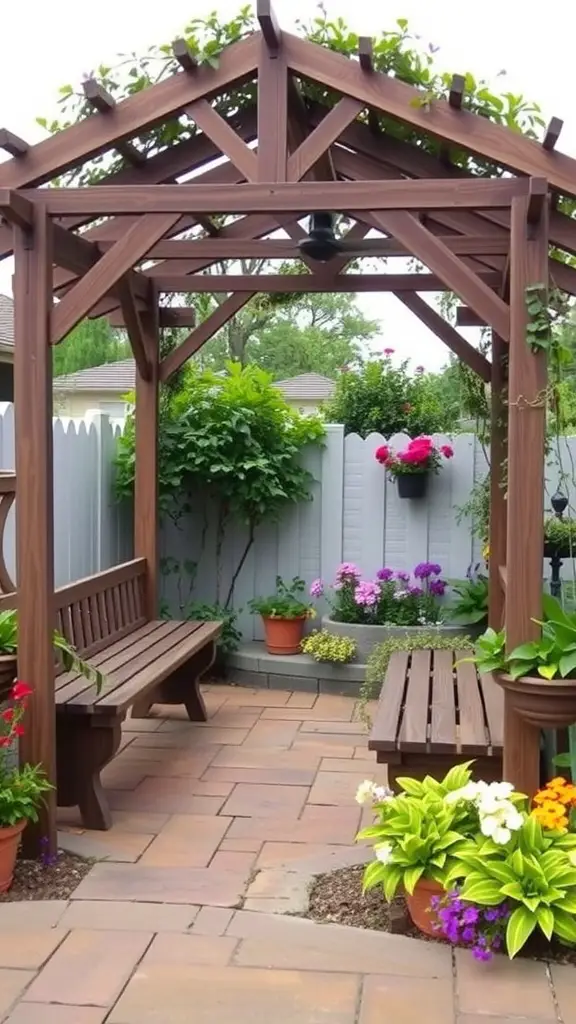 19 Creative Garden Arbor Ideas You’ll Love 5 A wooden garden arbor with integrated benches and colorful flower planters, creating a cozy outdoor sitting area.