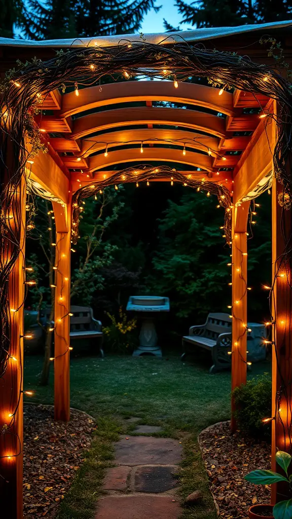 19 Creative Garden Arbor Ideas You’ll Love 7 A wooden arched arbor adorned with string lights in a garden pathway
