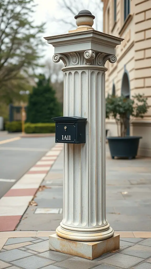 A decorative column-style mailbox with intricate designs, standing on a well-paved area