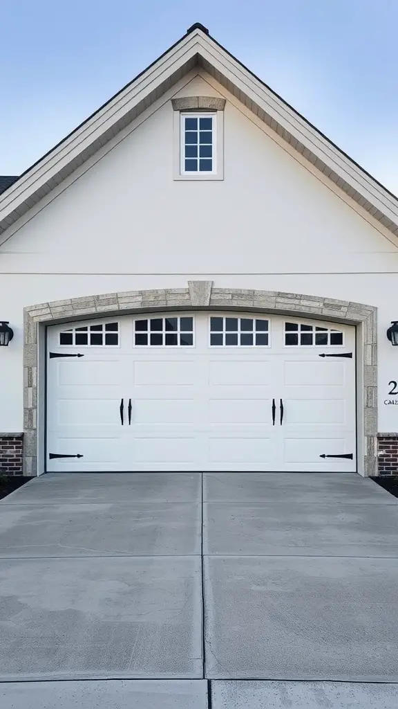 25 Creative Garage Door Ideas for a Stunning Home Entrance 13 A white garage door with black handles, featuring windows above it, set against a light-colored building.