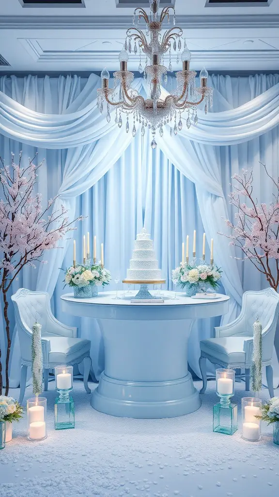 Elegant winter-themed dessert table with snowflake cookies and decorations