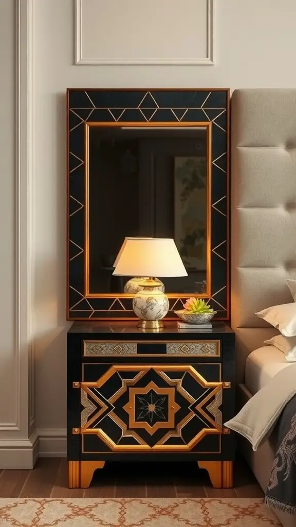 21 Stunning Bedside Table Ideas for Every Style 16 Art Deco bedside table with geometric patterns, a lamp, and a mirror