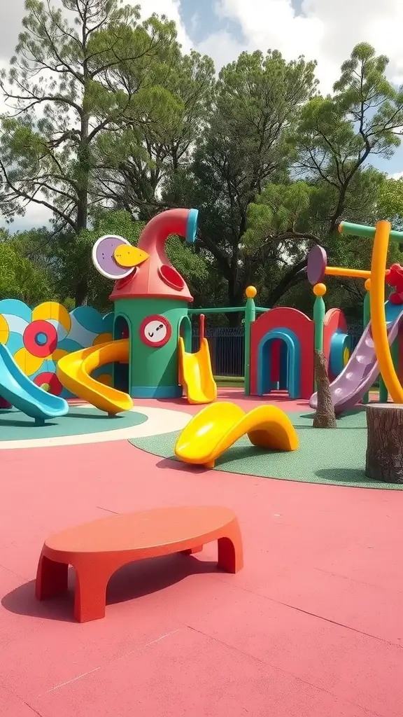 23 Creative Playground Landscaping Ideas for Endless Fun 10 Colorful playground with slides, interactive structures, and artistic features