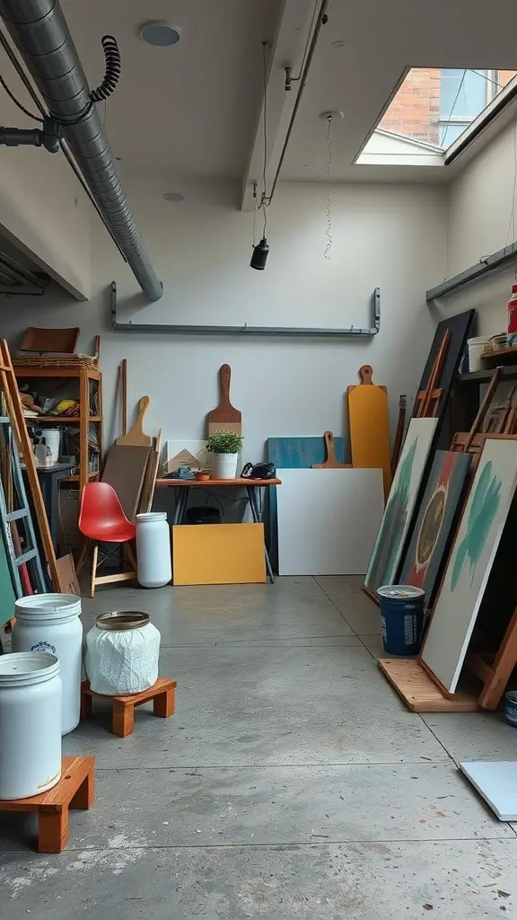 27 Creative Garage Hangout Ideas for Ultimate Chill Time 16 An organized art studio in a garage with easels, canvases, and bright lighting.