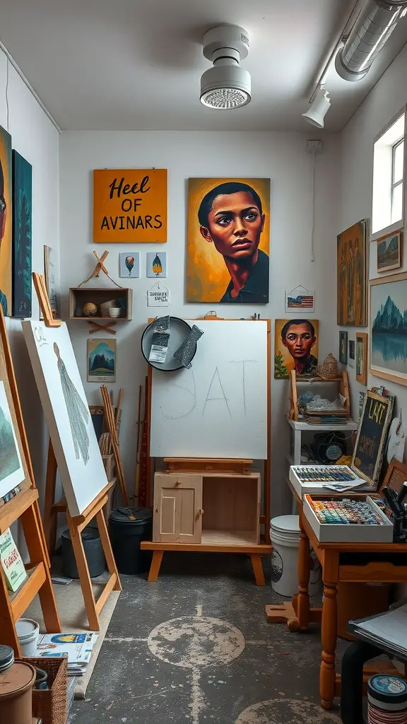 27 Creative Hangout Room Ideas for Your Space 2 A cozy art studio with colorful paintings on the wall, easels, and art supplies.