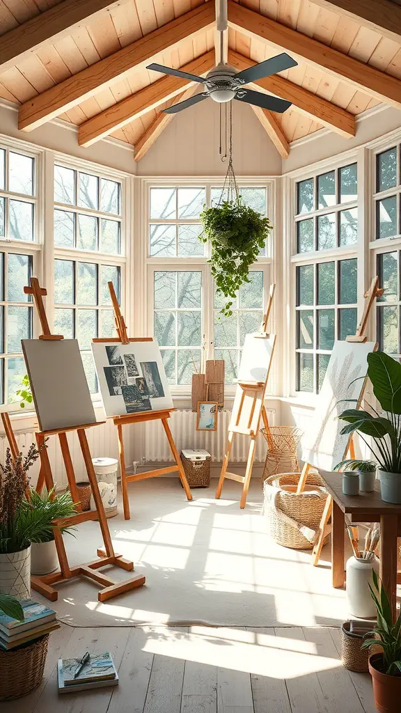 19 Stunning Indoor Sunroom Ideas You’ll Love 2 Art studio in a sunroom with easels, plants, and large windows.