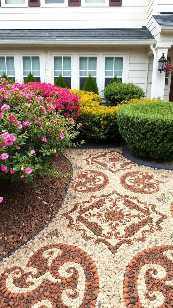 13 Stunning No Grass Front Yard Ideas for a Low-Maintenance Landscape 6 Decorative mulch design in a front yard with colorful flowers and shrubs