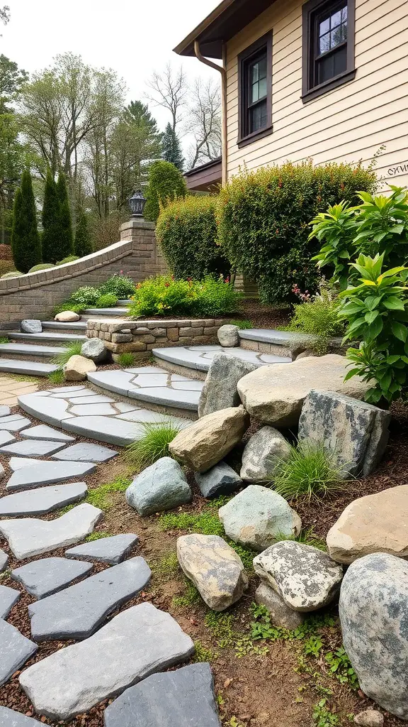 19 Stunning Landscaping Ideas for Your Home's Exterior 15 A landscaped area featuring stone pathways, boulders, and vibrant greenery around a house.