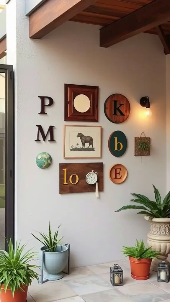 A wall with a mix of art pieces, letters, and plants, showcasing a personalized decorative style for a patio.
