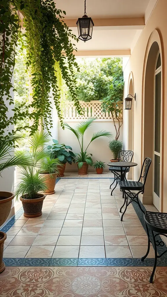 23 Charming French Patio Ideas to Transform Your Outdoor Space 13 A beautiful patio featuring artisan-style tiled patterns with potted plants and wrought-iron furniture.