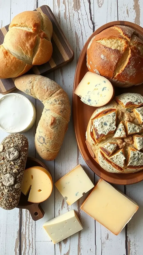 21 Stunning Grazing Table Ideas for Your Next Celebration 9 An assortment of artisan breads and cheeses displayed on wooden boards.