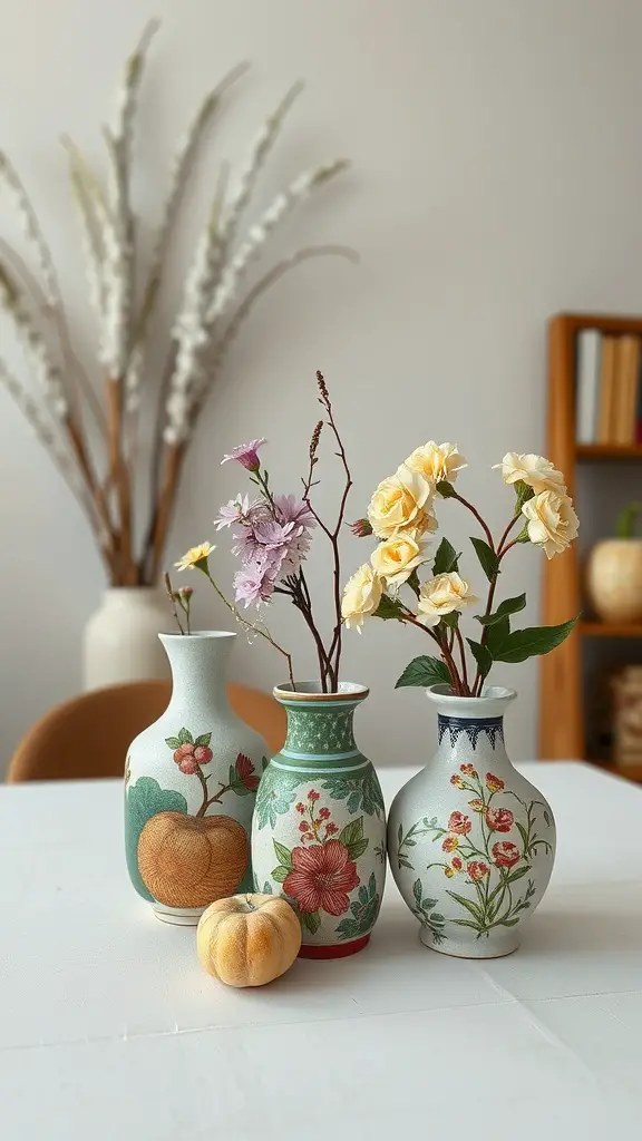 27 Stunning Wedding Round Table Centerpieces You Need to See 17 Three hand-painted vases with flowers and a small pumpkin on a table