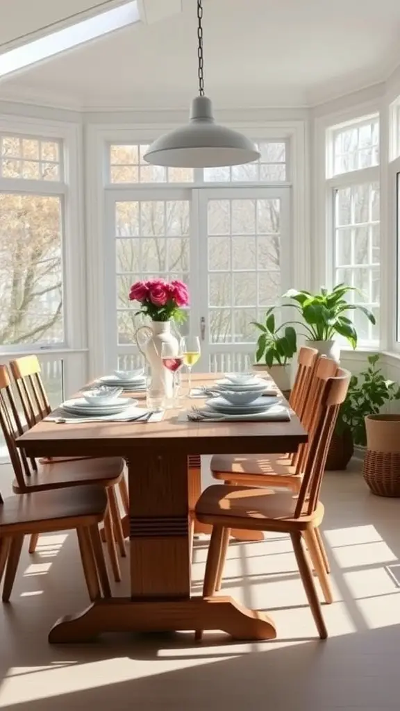 Bright sunroom featuring an artisanal wooden dining table with chairs, set for a meal, surrounded by large windows.