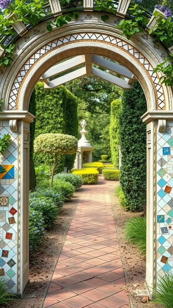 19 Creative Garden Arbor Ideas You’ll Love 15 An artistic garden arbor with colorful mosaic tile work, leading into a lush garden path.