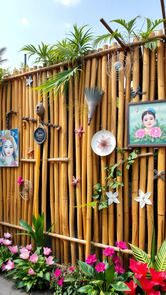 21 Creative Bamboo Fence Ideas for Your Outdoor Space 16 Artistic bamboo fence adorned with colorful accents and flowers