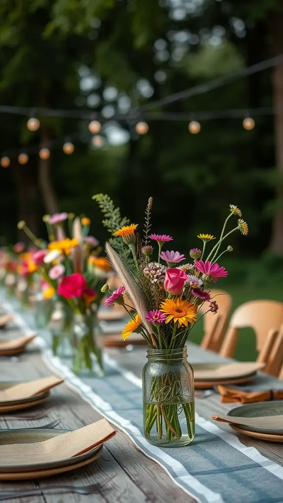 17 Fun Outdoor Birthday Party Ideas for an Unforgettable Celebration 17 A long table set for an outdoor birthday party, featuring artistic centerpieces with wildflowers in jars.
