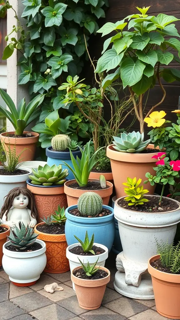 27 Creative Enclosed Garden Ideas for Your Outdoor Oasis 13 A vibrant collection of potted plants in various containers, featuring succulents, a doll, and vibrant greenery.