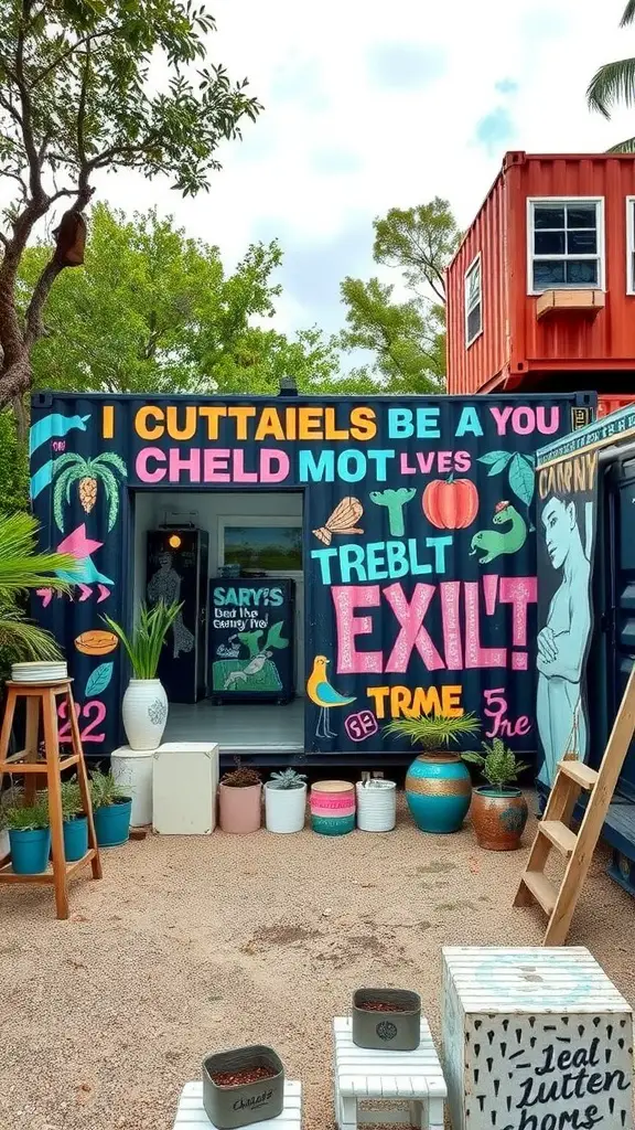 23 Innovative Storage Container Homes You Need to See 15 A colorful container home with vibrant graphics and greenery.