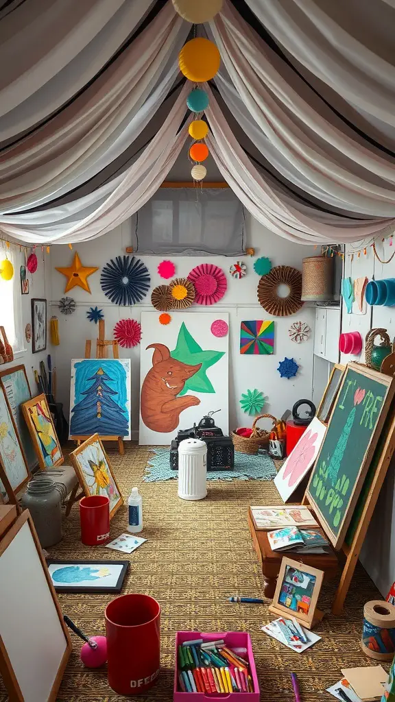 13 Creative Fort Ideas for Endless Indoor Fun 12 A colorful artistic craft fort filled with art supplies and decorations.