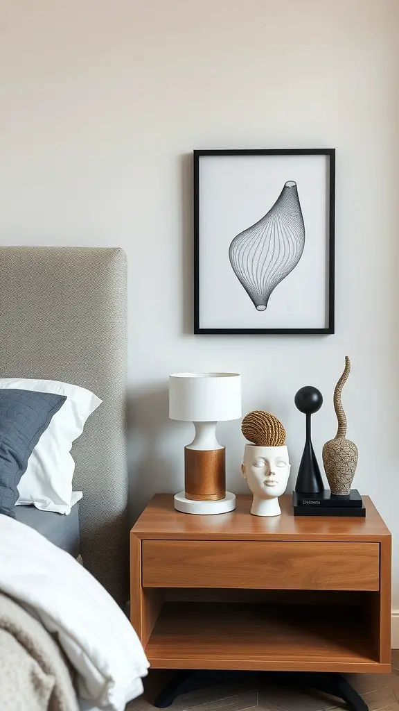 21 Stunning Bedside Table Ideas for Every Style 17 A stylish bedside table featuring a lamp, decorative sculptures, and a piece of art on the wall