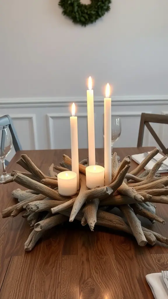 29 Stunning Dining Table Centerpieces for Every Occasion 17 A centerpiece made of driftwood with three candles on a dining table.