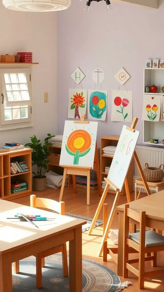 21 Inspiring Montessori Room Ideas for Creative Spaces 4 A bright Montessori room showcasing an artistic expression corner with easels, children's artwork, and wooden furniture.