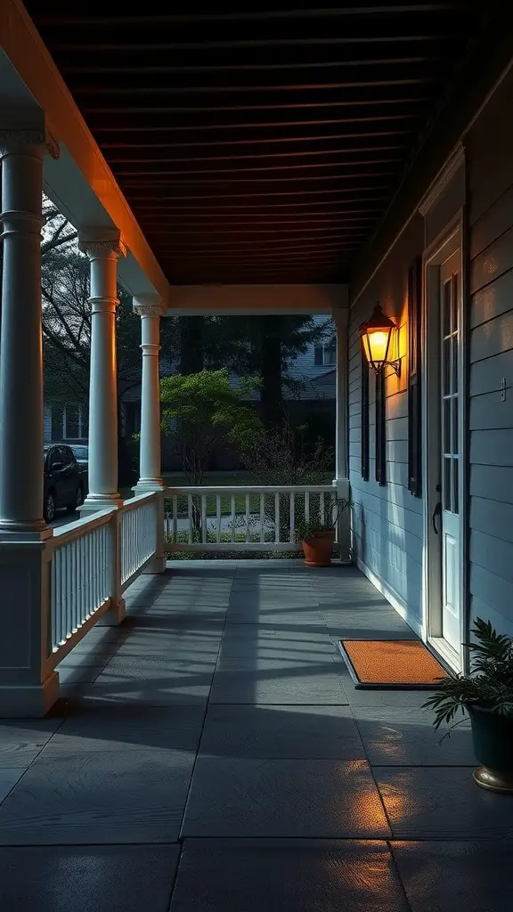 A well-lit porch with artistic flood light, showcasing columns and a welcoming entrance.