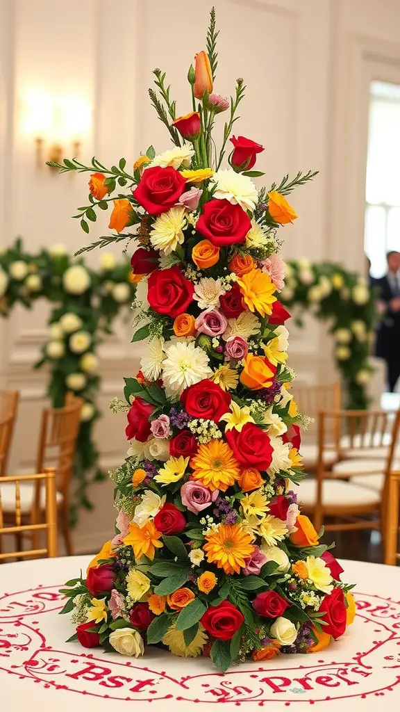 19 Stunning Wedding Floral Centerpieces to Inspire Your Big Day 11 A tall floral centerpiece featuring red roses, yellow daisies, and assorted flowers in a foam sculpture style.