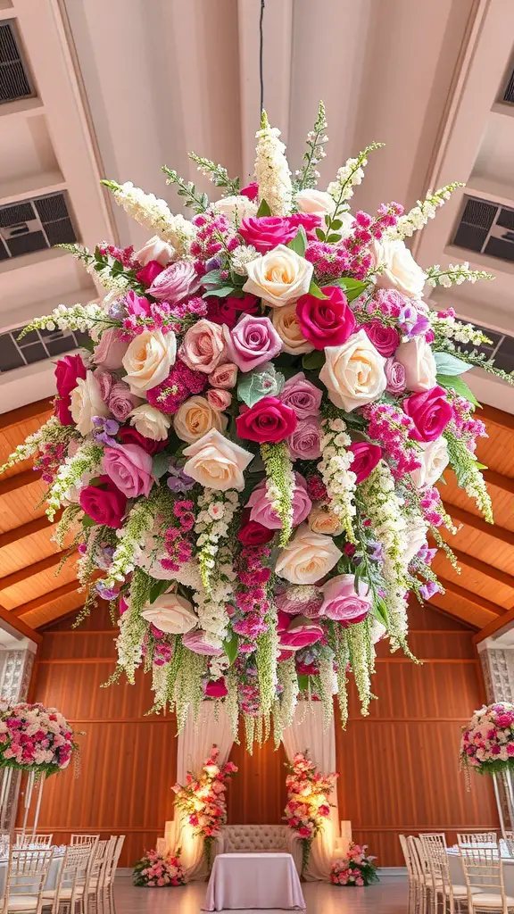 21 Stunning Indoor Wedding Ideas You've Got to See 14 A hanging floral installation featuring pink and cream roses with greenery, set in an indoor wedding venue.